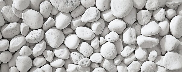 Collection of various rocks and pebbles. Smooth white stones with intricate patterns create abstract and soothing composition. Light and shadow enhances texture and depth to arrangement