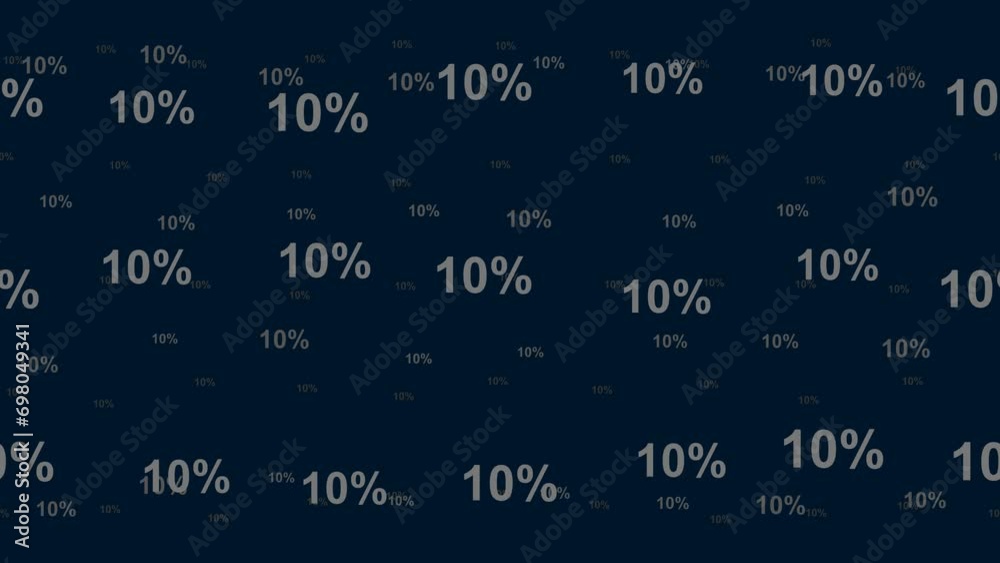 Poster 10 percent symbols float horizontally from left to right. Parallax fly effect. Floating symbols are located randomly. Seamless looped 4k animation on dark blue background