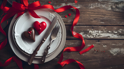 red heart on a white plate with knife valentine's Day concept 