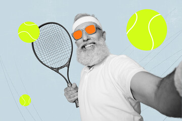 Artwork collage image of black white effect cheerful grandfather make selfie arm hold tennis racquet flying balls isolated on creative background