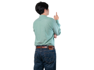 rear view, businessman wearing a work suit thinking or decision, Problem method, choice and doubt , man scratching his head isolated on transparent background with clipping path.