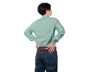 rear view, businessman wearing a work suit thinking or decision, Problem method, choice and doubt , man scratching his head isolated on transparent background with clipping path.