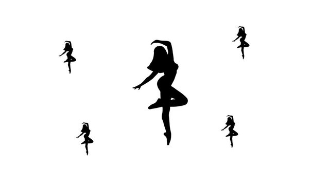 Zoom in and out animation the ballerina symbol. Large black symbol in the center and four small symbols around. Seamless looped 4k animation on white background