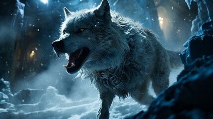 wolf in the night HD 8K wallpaper Stock Photographic Image - obrazy, fototapety, plakaty