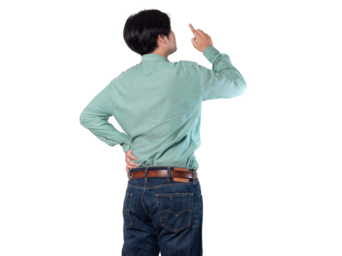 rear view, businessman wearing a work suit thinking or decision, Problem method, choice and doubt , man scratching his head isolated on transparent background with clipping path.