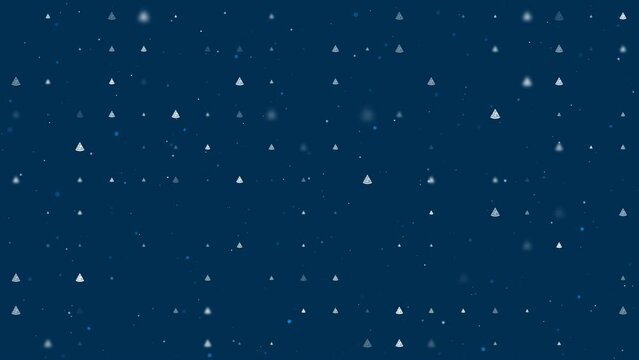 Template animation of evenly spaced slice of pizzas of different sizes and opacity. Animation of transparency and size. Seamless looped 4k animation on dark blue background with stars