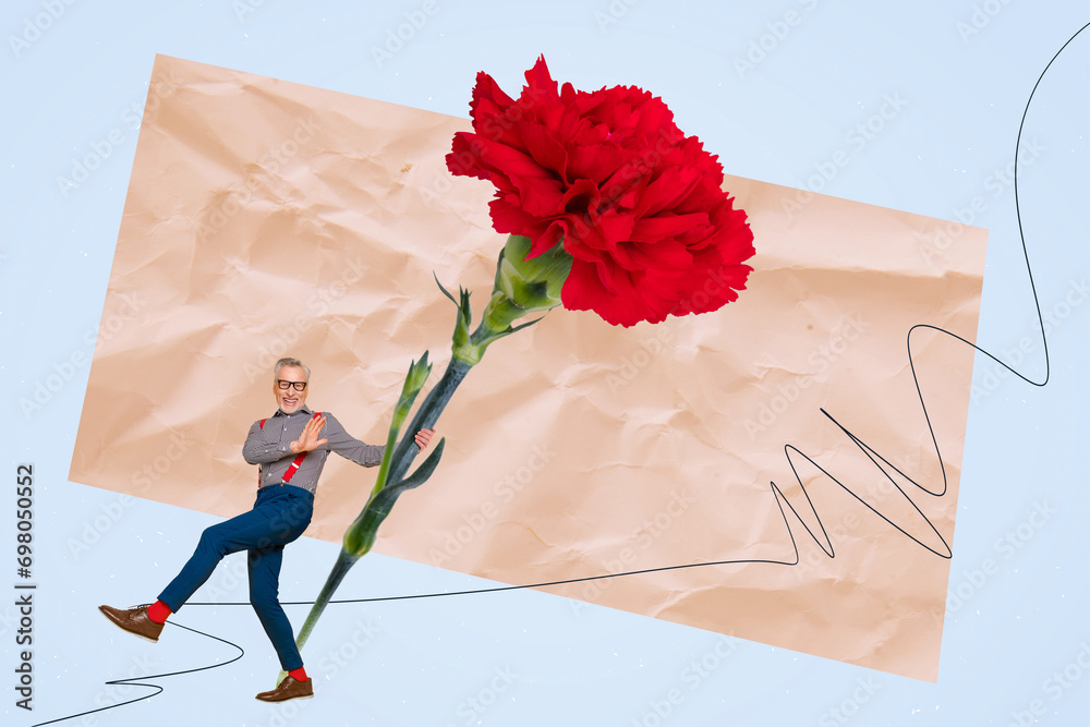 Sticker Image picture advert poster collage of happy excited old man spouse with red carnation flower gift for wife girlfriend on 8 march