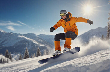 Young man riding snowboard