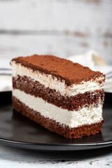 Tiramisu cake. Perfect homemade tiramisu cake on wooden background. Close up