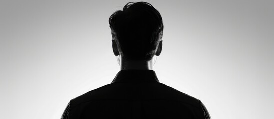 Man's silhouette with back turned, against white background.