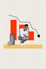 Vertical photo collage of young unsatisfied girl sad depressed statistics falling big stack cracked...