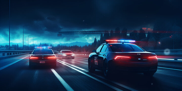  Police car in night city, Police car lights at night in modern city neural network generated art, Policeman silhouette and police car with red and blue lights in the fog Generative AI



