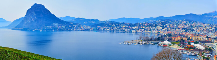 Panorama of Lake Lugano from San Michele Park, Lugano, Ticino, Switzerland - obrazy, fototapety, plakaty