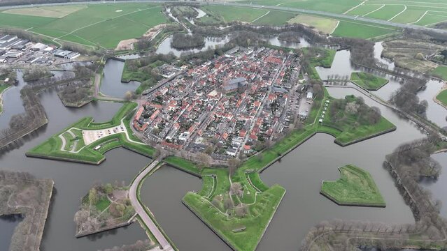 Aerial footage of Naarden city in the Gooi region in the province of North Holland, Netherlands