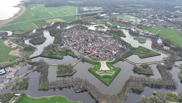 Aerial footage of the Naarden city on Gooimeer Lake in the Gooi region in North Holland, Netherlands