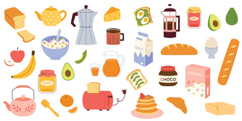 Healthy breakfast.Morning.Various food and drink.Cereal, cup of tea,coffee,avocado,toast,croissant,butter,egg,fruit,honey.Vector illustration.