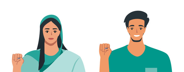 Bangladesh Election 2024, Man and Woman Showing Thumbnail with Indelible Electoral Ink Stain in Thumb after Voting General Election.