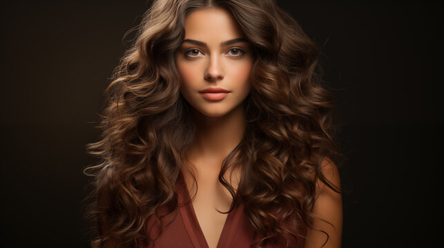 A woman with wavy hair, brunette, showcases her long and glossy curls. A beautiful model with an elegant wavy hairstyle.  