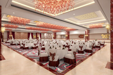 Luxurious wedding reception in a grand and glamorous indoor ballroom 3d render 