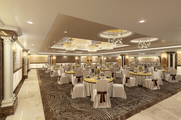 Luxurious wedding reception in a grand and glamorous indoor ballroom 3d render 