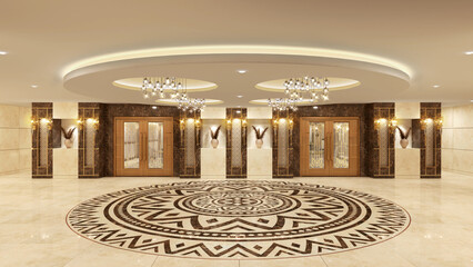 Luxurious wedding reception in a grand and glamorous indoor ballroom 3d render  - obrazy, fototapety, plakaty