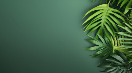 Tropical palm leaves with shadow on green background