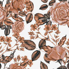 Watercolor seamless pattern with garden flowers. Vintage spring or summer floral pattern. Flower seamless pattern. Botanical art. Wedding floral set. Watercolor botanical design.	