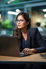 Young indian businesswoman or corporate employee using laptop.