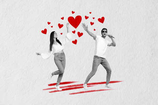 Artwork collage image of two excited black white effect people dancing sing microphone painter hearts isolated on paper background