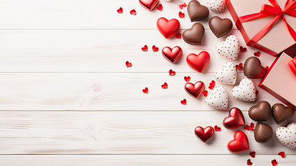 red hearts, chocolates on a white background
