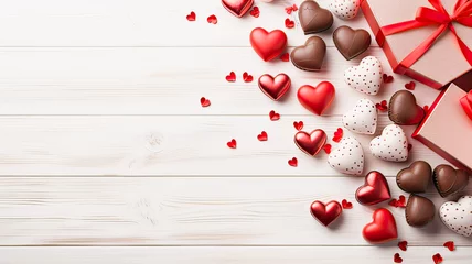Fotobehang red hearts, chocolates on a white background  © Tereza