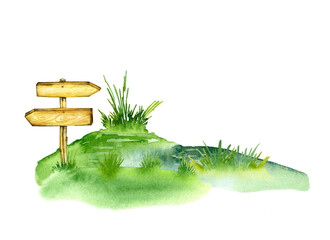 Hand drawn watercolor illustration of nature, field and mountains. Camping, outdoor recreation.
