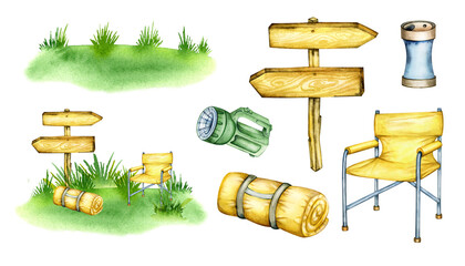 Fototapeta premium Camping, outdoor recreation, in the fields, in the mountains. Camping equipment, backpack, barbecue, campfire hand drawn watercolor illustration.