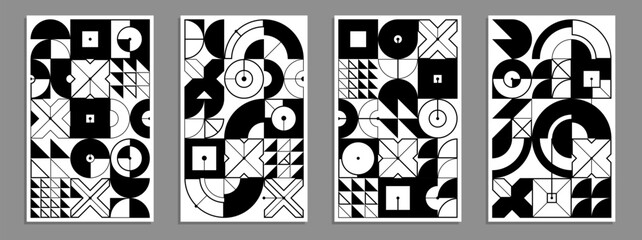 Geometric black and white vector posters and covers in Bauhaus style, layout for advertisement sheet, monochrome tech engineering style shapes mechanical.