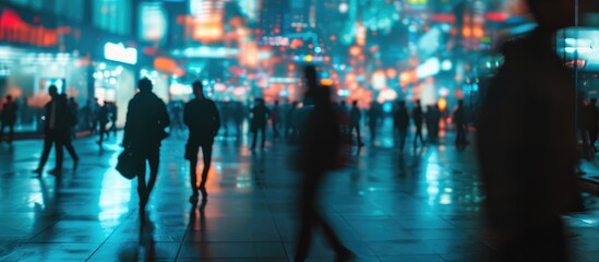 Blurred silhouettes of people in a futuristic city, combining data and teamwork.