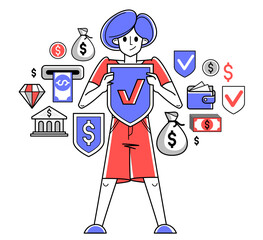 Financial protection and security vector outline illustration, bank worker is doing his job on financial safety, insurance and risk, secured shield.