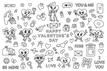 Trendy groovy valentines day sticker set. Retro valentines day. 70s 60s aesthetics. Vintage comic vector. Vector illustration. Vector 