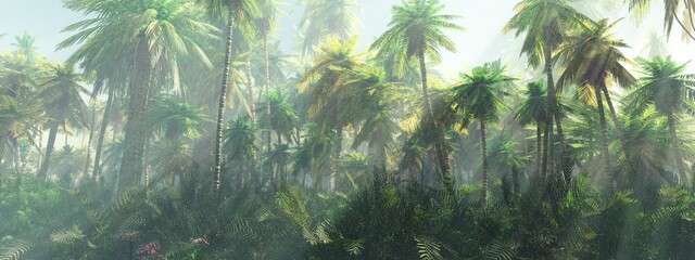 Jungle, rays of light in the fog of a tropical forest, 3D rendering
