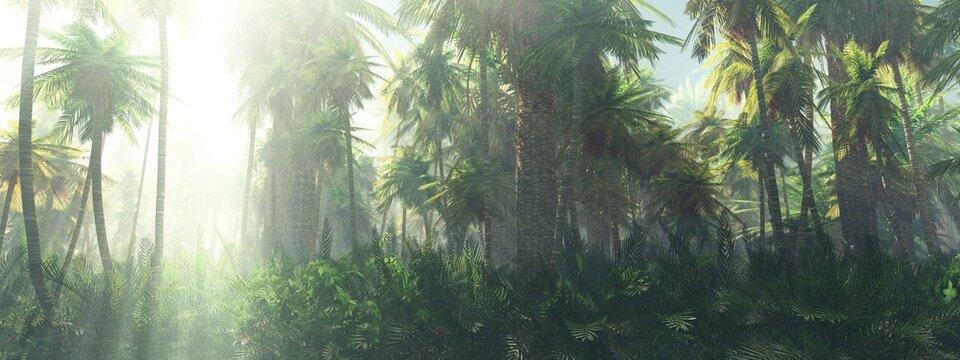 Jungle, rays of light in the fog of a tropical forest, 3D rendering
