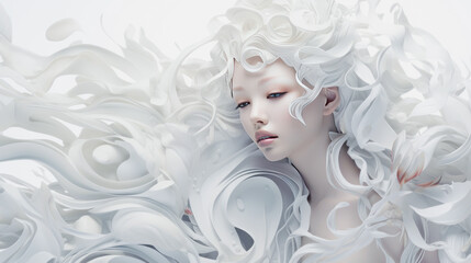 Abstract young woman with long white hair on a white background