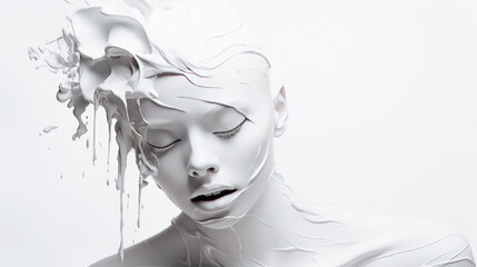 a woman's head is drenched in white paint, the paint is draining, splashes and drops are flying, borelief of a woman biting her head from which white paint drips and spreads in streaks