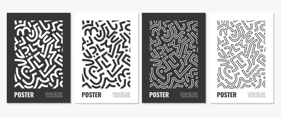 Set of abstract black and white geometric pattern posters, vector monochrome shapes, figures, lines, circles. Trendy minimalist set of artwork for banner, flyer, cover, presentation