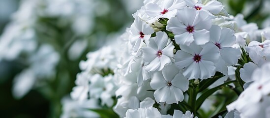 White flower with flame-colored eye - Garden Phlox paniculata 'flame' - obrazy, fototapety, plakaty