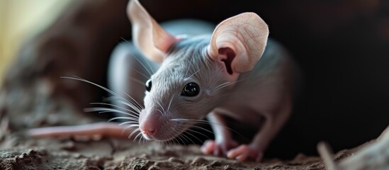 Hairless pinkie rat pup with selective focus due to low aperture. - obrazy, fototapety, plakaty