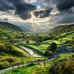 Countryside with Sunrays Breaking Through Clouds - obrazy, fototapety, plakaty