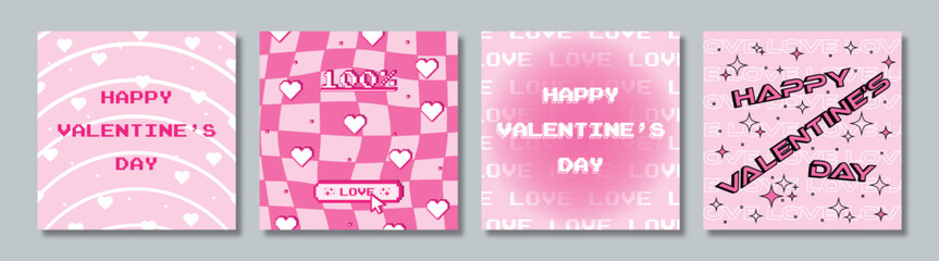 Set of Valentine's Day card designs in 2000s style. Trendy minimalist aesthetic. Vector templates for banner, poster, post, cover