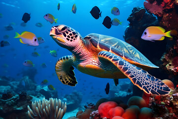 Fototapeta na wymiar A turtle swims in the ocean. 