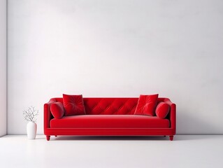 Red sofa with pillows in front of white interior wall generative ai