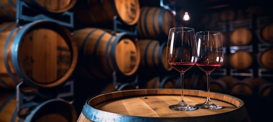 Fototapeta na wymiar Glass of red wine with a blurred background of cellar, wine-vault with barrels. Generative AI