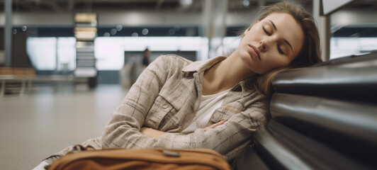 Woman is sleeping at the airport becaouse she is for the delaying plane or an early flight - obrazy, fototapety, plakaty